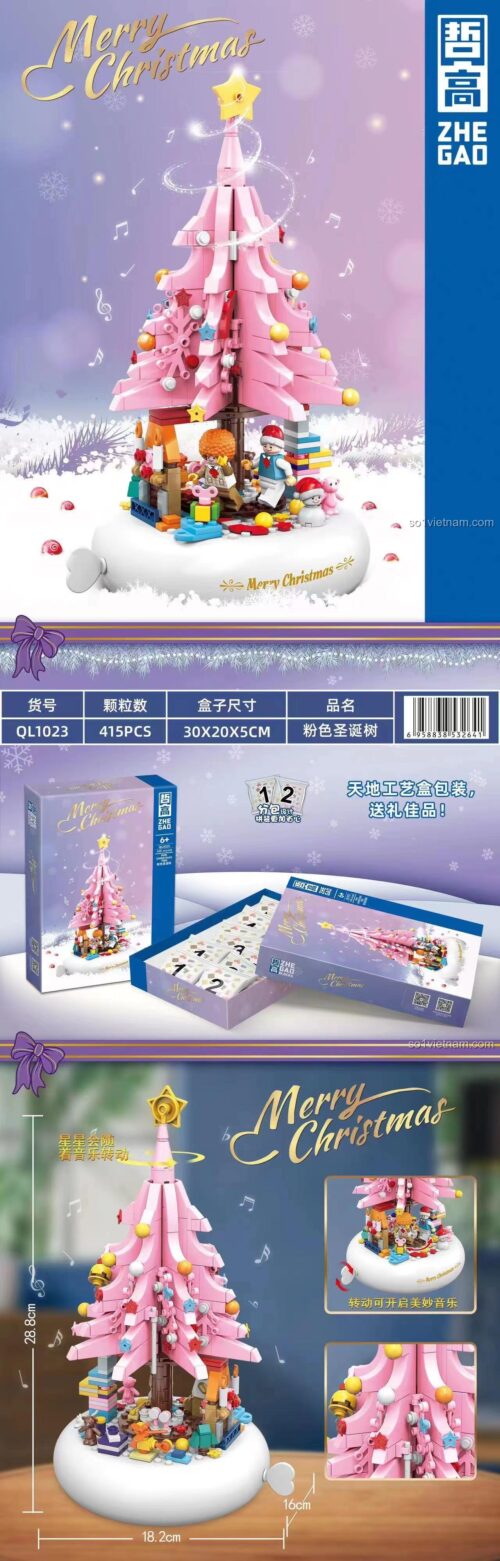 Bộ lắp ghép ZHEGAO QL1023 Cây Thông Noel Màu Hồng, hộp nhạc Giáng Sinh với 415 mảnh ghép, thể hiện kích thước và các tính năng đặc biệt, đáng tiền cho bé gái 6 tuổi.