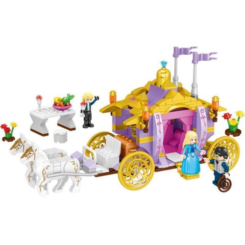 Ảnh chụp chi tiết bộ lắp ráp Xe ngựa hoàng gia ZHEGAO QL1117 với 3 minifigures và bàn tiệc, món đồ chơi sáng tạo cho bé gái 6 tuổi.