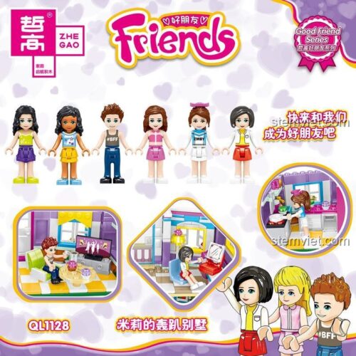 Chi tiết các minifigures và nội thất bên trong đồ chơi xếp hình Biệt thự Friends Zhegao. Món quà tuyệt vời cho bé gái.