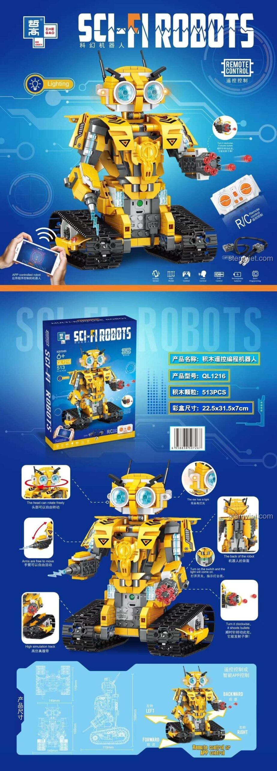 Robot lắp ráp Zhegao QL1216 với các tính năng điều khiển từ xa, lập trình qua app, đèn LED và chân xích mạnh mẽ, đồ chơi mô hình cho bé trai 6 tuổi