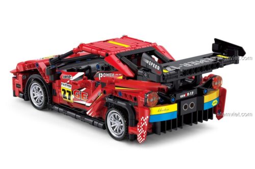 Chi tiết đuôi xe của đồ chơi mô hình Siêu xe Ferrari 488 QL1235, nổi bật với cánh gió lớn và động cơ hầm hố.