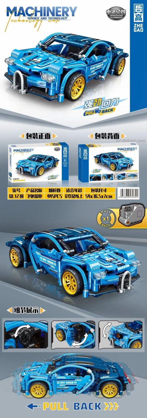 Xe đua Bugatti Chiron ZHEGAO QL 1238 với thiết kế đỉnh cao, màu xanh dương bắt mắt, dành cho Con trai 6 tuổi, giá rẻ.