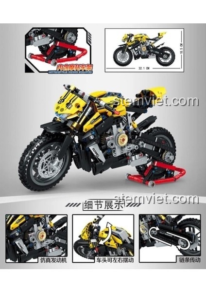Chi tiết mô hình xe máy Ducati Streetfighter ZHEGAO QL1262, mô phỏng động cơ, hệ thống truyền động, bánh xe, đồ chơi xây dựng cho bé trai 6 tuổi