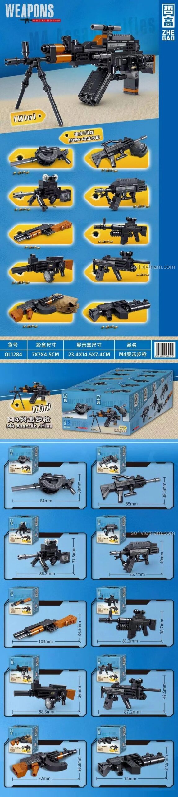 Các mẫu súng đồ chơi quân sự ZHEGAO QL1284, chi tiết kích thước từng khẩu, bộ lắp ghép súng tiểu liên M4 cho bé trai 6 tuổi.