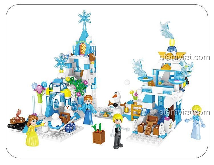 Minifigure và chi tiết đồ chơi lắp ráp Zhegao QL2217, mang đến trải nghiệm xây dựng lâu đài băng giá cho bé gái.