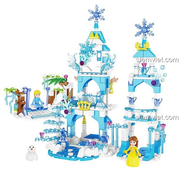 Cảnh nhỏ trong bộ lắp ghép Cung điện Băng giá Zhegao QL2217, minifigure công chúa và người tuyết, phù hợp bé gái 6 tuổi.
