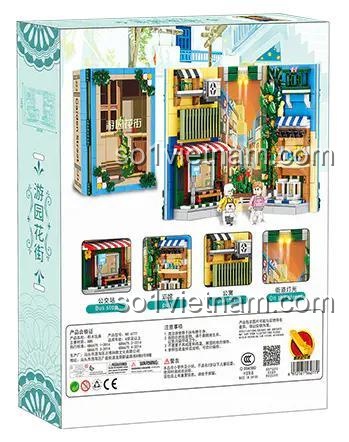 Mặt sau hộp đồ chơi xây dựng Phố cảnh trong sách Zhengbo 6777, với các chi tiết nhỏ của giá sách phố hoa viên