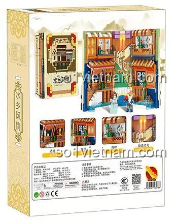 Mặt sau hộp bộ xếp hình 6778 Book Nook Thủy Trấn Zhengbo, thể hiện các chi tiết và tính năng đèn LED, đồ chơi lắp ghép giá rẻ