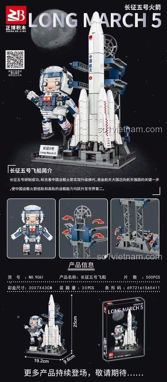Mô hình Tên lửa Trường Chinh 5 Zhengbo 9061 chi tiết cao, có minifigure phi hành gia, đồ chơi xây dựng phát triển tư duy STEM cho bé trai 6 tuổi