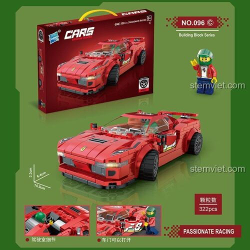 Bộ lắp ghép Siêu xe Ferrari Zuanma 096C hiển thị kích thước mô hình 15.9x6.4x3.8cm, có minifigure tay đua, dành cho bé trai 6 tuổi, giá tiết kiệm.