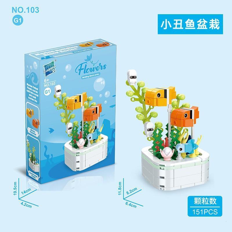 Bộ lắp ghép Cá Hề Zuanma 103G1, đồ chơi mô hình chậu cây cá hề cho bé gái 6 tuổi, giá tốt, có kích thước rõ ràng.
