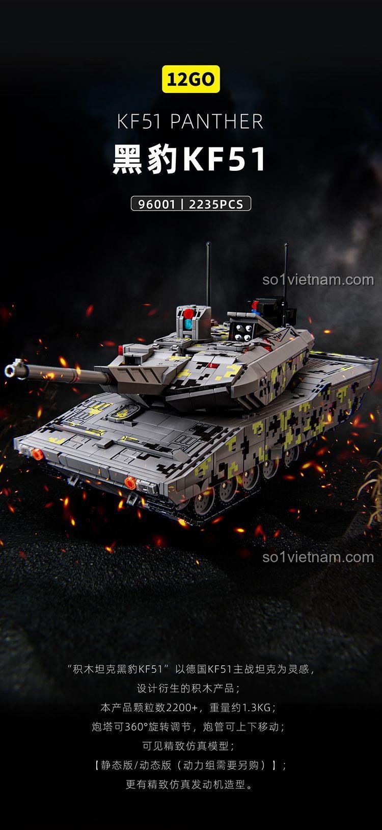 Kích thước mô hình xe tăng KF51 Panther 12GO 96001, bộ lắp ghép quân sự, đồ chơi cho bé trai 6 tuổi, giá tốt