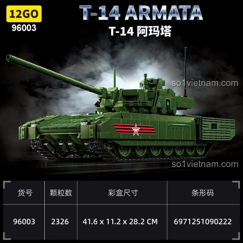 Hộp sản phẩm bộ đồ chơi lắp ghép xe tăng chiến đấu chủ lực T-14 Armata 12GO 96003, 2326 mảnh ghép, cho bé trai 6 tuổi
