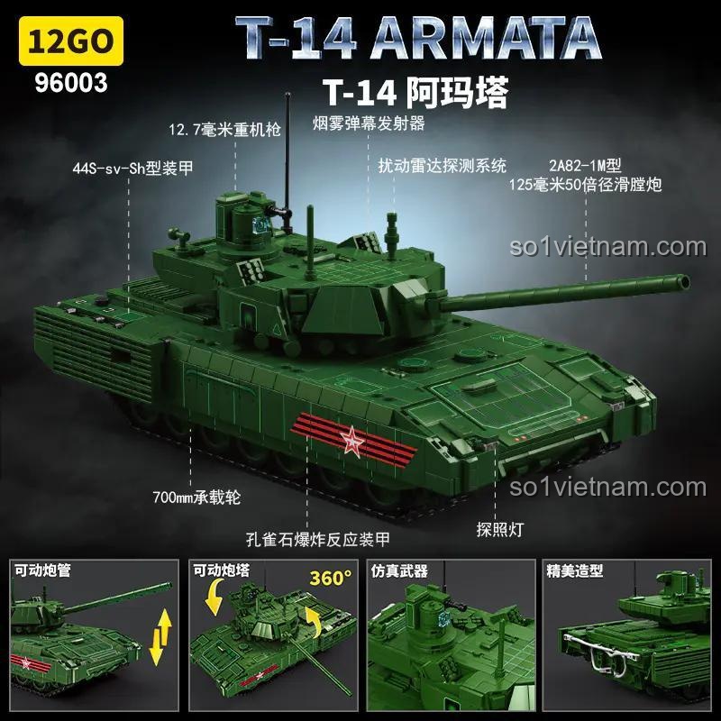 Xe tăng chiến đấu chủ lực T-14 Armata 12GO 96003, bộ đồ chơi lắp ghép quân sự cho bé trai 6 tuổi, tháp pháo xoay 360 độ