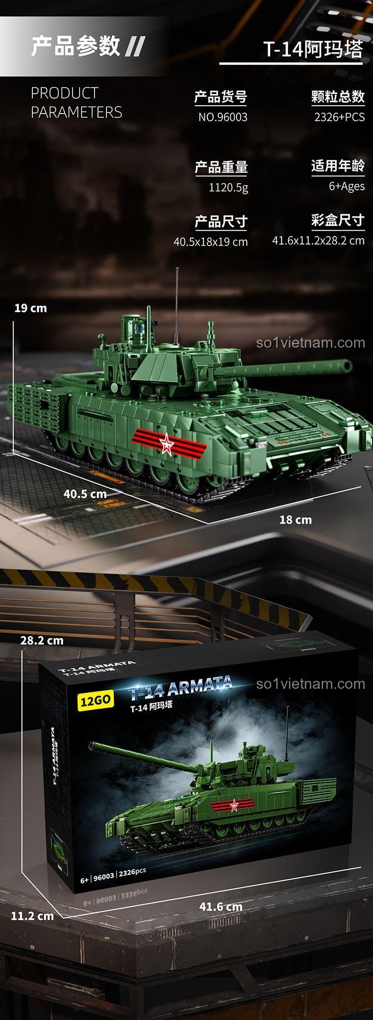 Mô hình xe tăng chiến đấu chủ lực T-14 Armata 12GO 96003, bộ đồ chơi lắp ghép quân sự cho bé trai 6 tuổi, tự tay lắp ráp