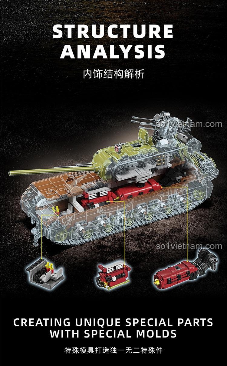 đồ chơi mô hình 001, 12GO Xe Tăng Đức Maus, nòng pháo di chuyển, chi tiết cao