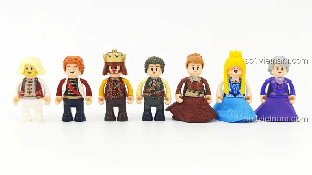 Toàn bộ 7 minifigure của bộ Lumibricks L9071 Sảnh Tiệc Hoàng Gia, với trang phục và biểu cảm đa dạng.