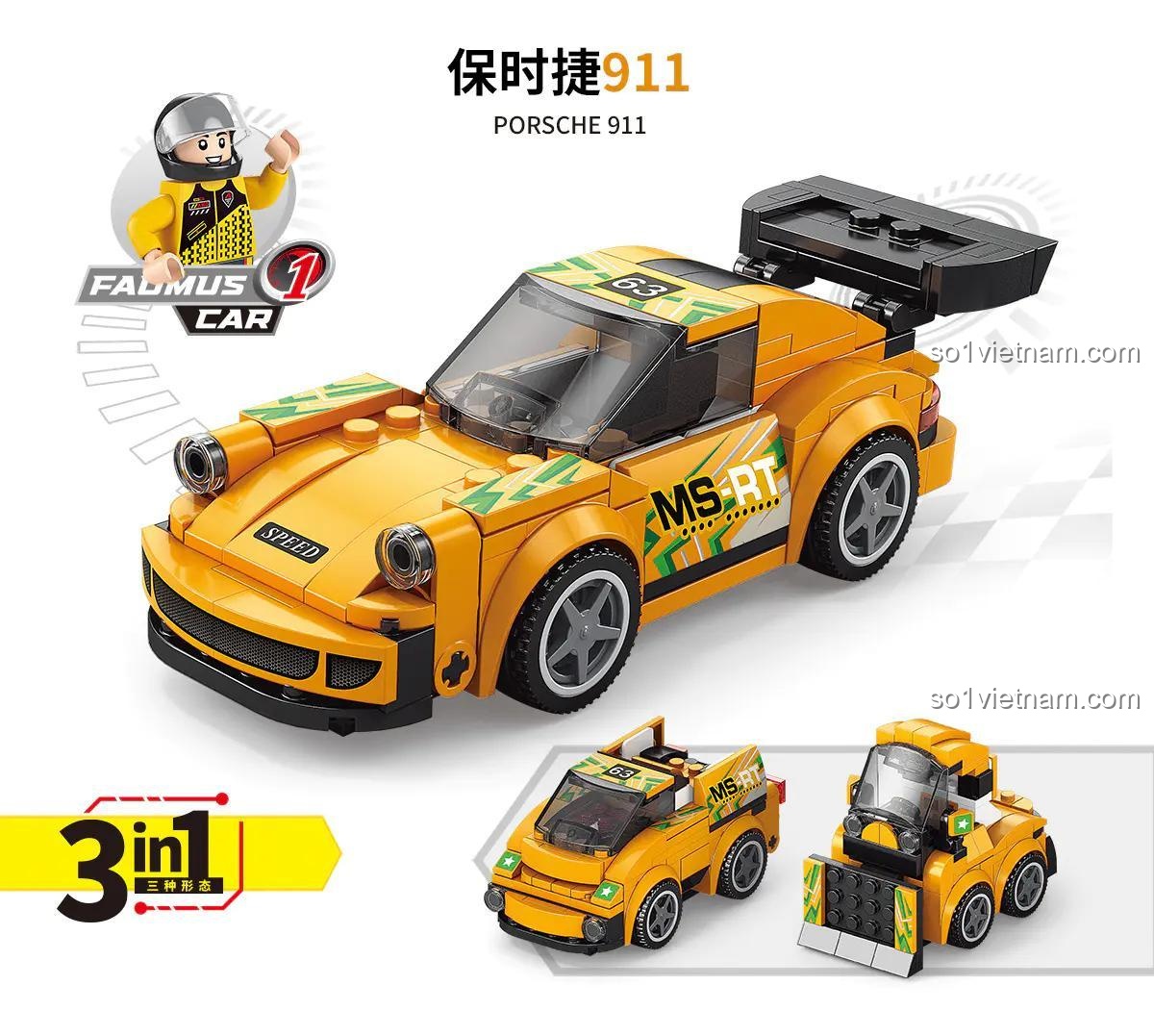 Mô hình AchKo 10010 Porsche 911 lắp được 3 kiểu, đồ chơi mô hình biến hình linh hoạt cho bé trai, giá tiết kiệm