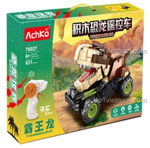 Hộp sản phẩm xe khủng long bạo chúa điều khiển từ xa AchKo 70027, đồ chơi khủng long RC cho bé trai 6 tuổi, có đèn LED và âm thanh, hàm mở đóng, khớp xoay, đuôi đung đưa, chất liệu nhựa ABS cao cấp, giá tốt