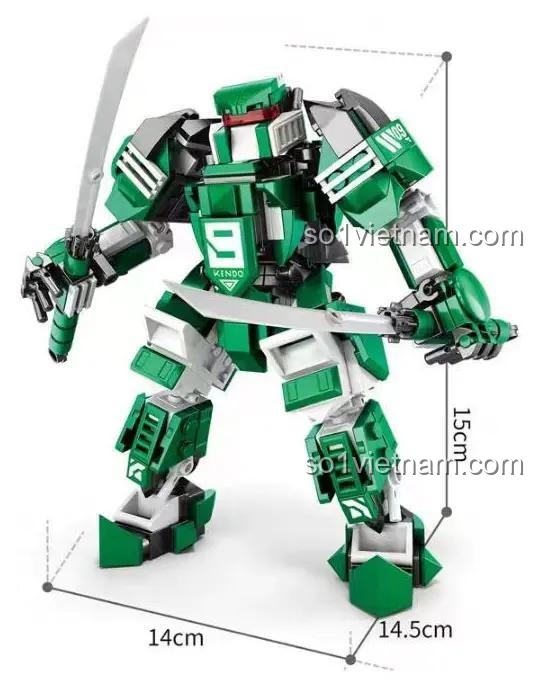 Kích thước chi tiết của đồ chơi mô hình Robot Chiến Binh Kendo 80033, cao 15cm, gồm 413 mảnh ghép.