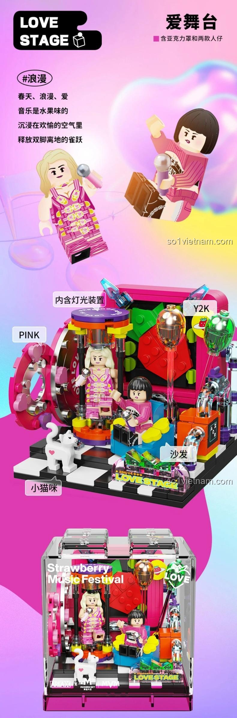 bộ lắp ghép Sân khấu tình yêu AREA-X AB0006, mô hình có đèn LED và phụ kiện mèo, đồ chơi cho bé gái 8 tuổi