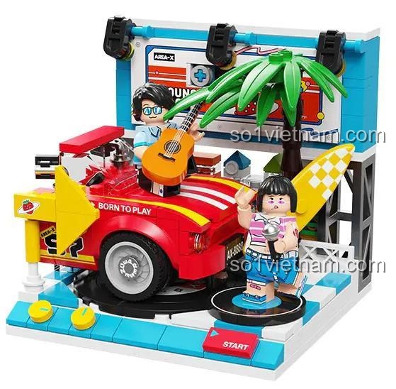 Đồ chơi mô hình AREA-X AB0008 Sân Khấu Youngblood Lễ Hội Âm Nhạc Dâu Tây, chi tiết sân khấu với 2 minifigures và xe hơi, phù hợp bé trai bé gái 8 tuổi.