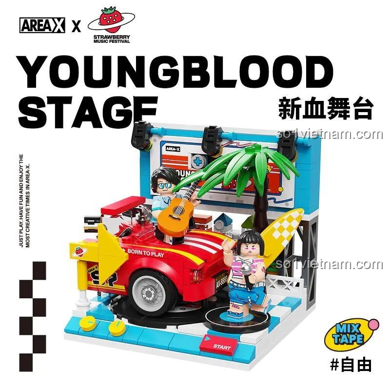 Bộ xếp hình AREA-X AB0008 Sân Khấu Youngblood Lễ Hội Âm Nhạc Dâu Tây, mô tả chi tiết sân khấu với cây dừa và ván lướt sóng, chất lượng cao.
