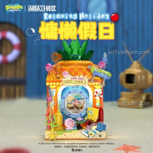 Hộp sản phẩm mô hình Spongebob AREA-X AB0054, đồ chơi lắp ghép Spongebob, bộ đồ chơi Spongebob, mô hình kỳ nghỉ lười biếng, cửa sổ bọt biển, cho bé 6 tuổi