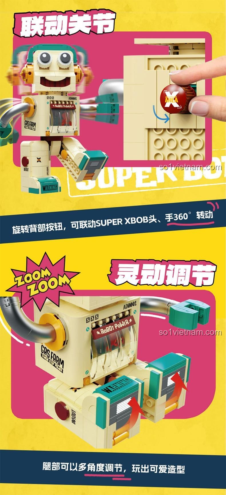 Hướng dẫn sử dụng tính năng của Robot Super XBob AREA-X: khớp nối liên động và điều chỉnh linh hoạt.