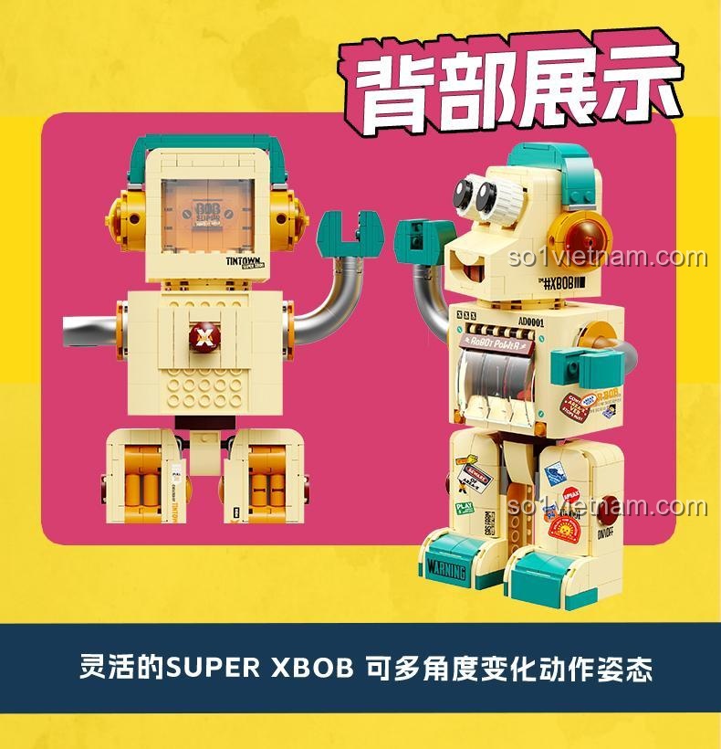 Mặt sau của bộ lắp ghép Robot Nông Trại Xăng Dầu, cho thấy thiết kế gọn gàng và các khớp nối.