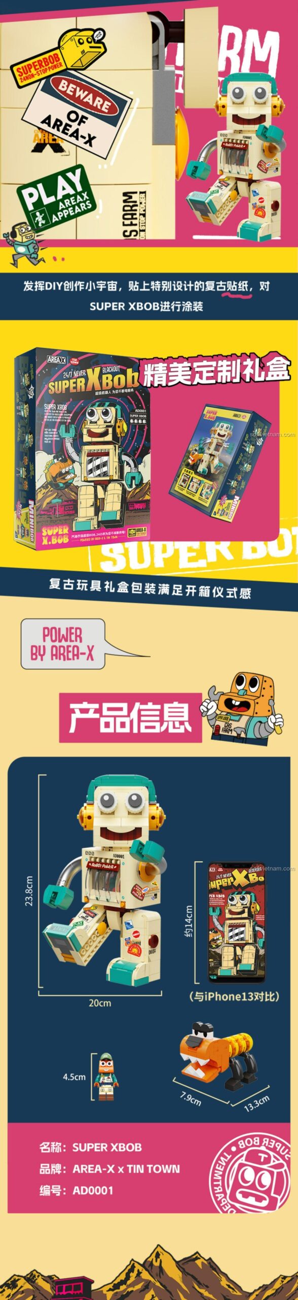 Ảnh so sánh kích thước của Robot Super XBob AREA-X AD0001 với iPhone 13, cao 23.8cm, rộng 20cm.