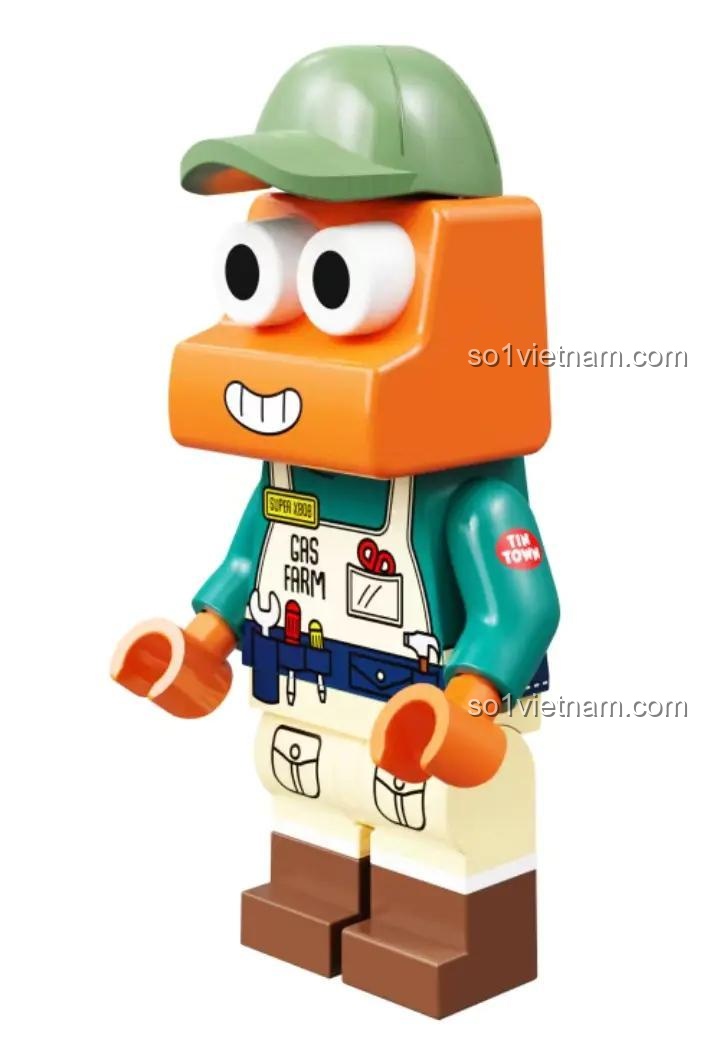 Minifigure Mini Bob, người lái của Robot XBob. Nhân vật có thiết kế độc đáo, mặc yếm công nhân nông trại.