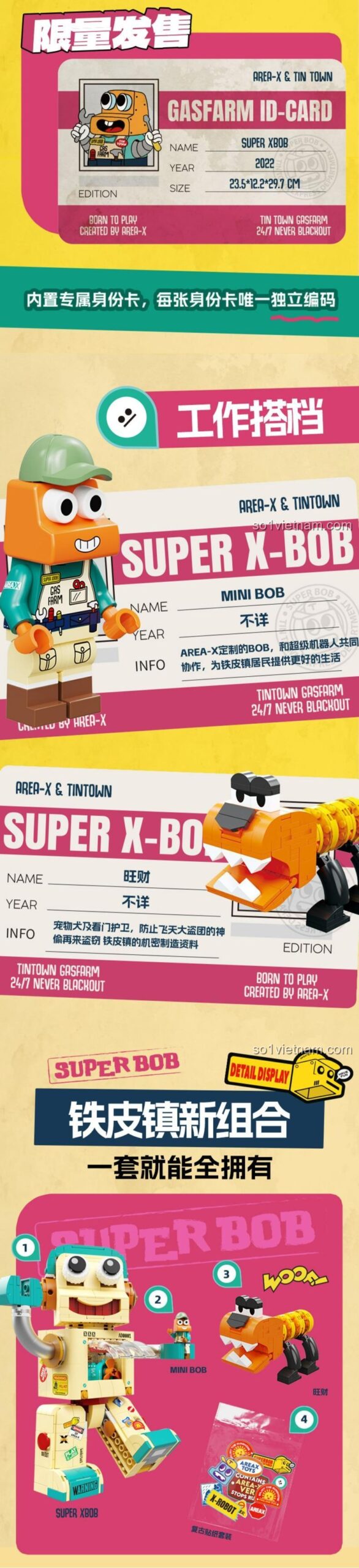 Các phụ kiện đi kèm đồ chơi mô hình Robot Bob Siêu Cấp AD0001: thẻ nhân vật, minifigure, thú cưng và sticker.