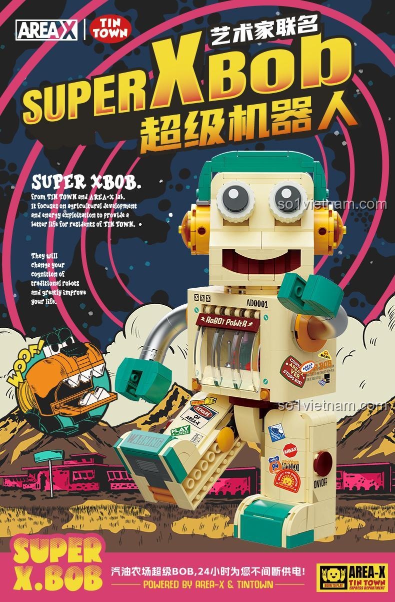 Poster nghệ thuật của bộ lắp ghép Robot Super XBob AREA-X, phong cách comic, màu sắc sống động.