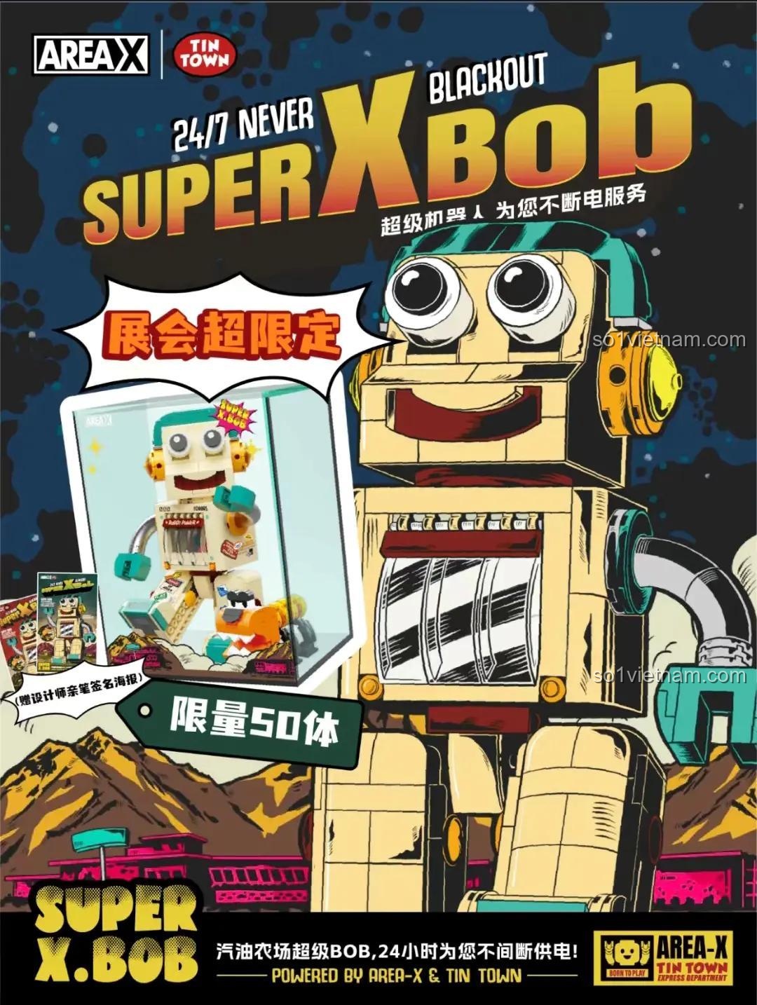 Poster quảng cáo đồ chơi mô hình Robot Nông Trại Xăng Dầu AD0001. Hình ảnh robot Super XBob phiên bản giới hạn, phong cách comic retro. Giá tốt cho bộ lắp ghép chất lượng.