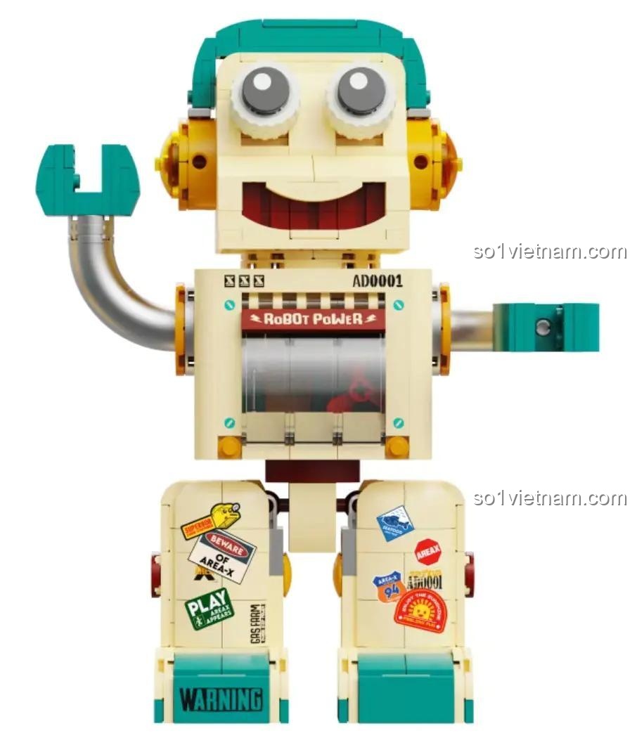 Robot Super XBob AD0001 nhìn thẳng, với các sticker trang trí trên chân. Đồ chơi mô hình sáng tạo cho con trai.