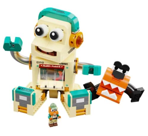 Ảnh chính diện bộ lắp ghép Robot Super XBob AD0001 của AREA-X. Mô hình robot retro màu kem, xanh lơ, có minifigure và thú cưng đi kèm. Đồ chơi sáng tạo cho con trai 12 tuổi.