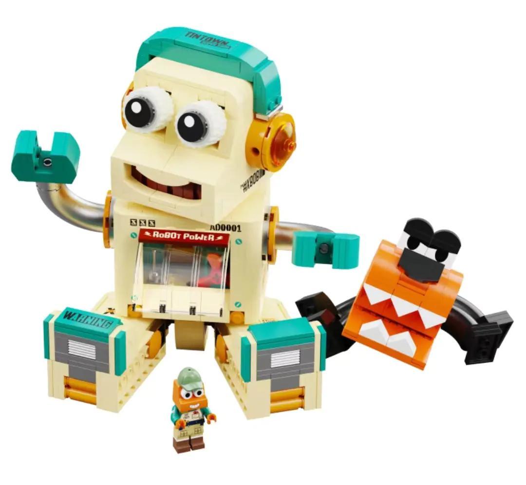 Ảnh chính diện bộ lắp ghép Robot Super XBob AD0001 của AREA-X. Mô hình robot retro màu kem, xanh lơ, có minifigure và thú cưng đi kèm. Đồ chơi sáng tạo cho con trai 12 tuổi.