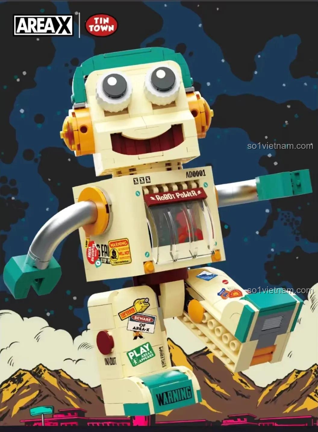 Mô hình Robot XBob AD0001 trong tư thế đang chạy, thể hiện sự linh hoạt của các khớp. Đồ chơi lắp ráp AREA-X cho bé trai.