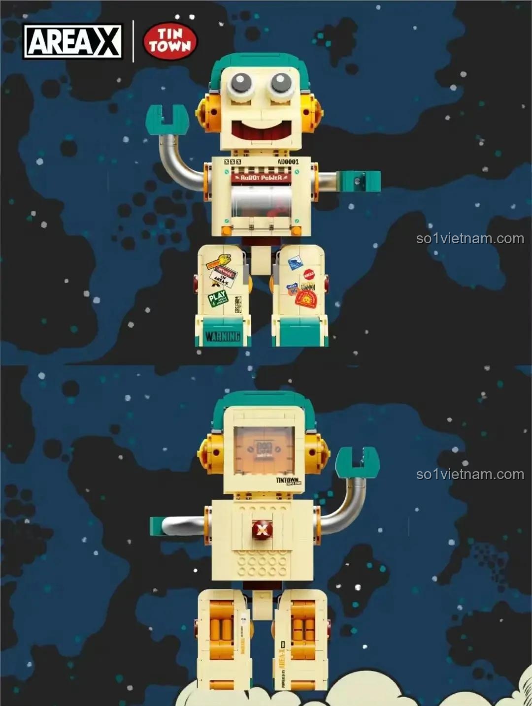 Hình ảnh Robot Super XBob AREA-X nhìn từ phía trước và phía sau, cho thấy chi tiết thiết kế và núm xoay điều khiển đầu.