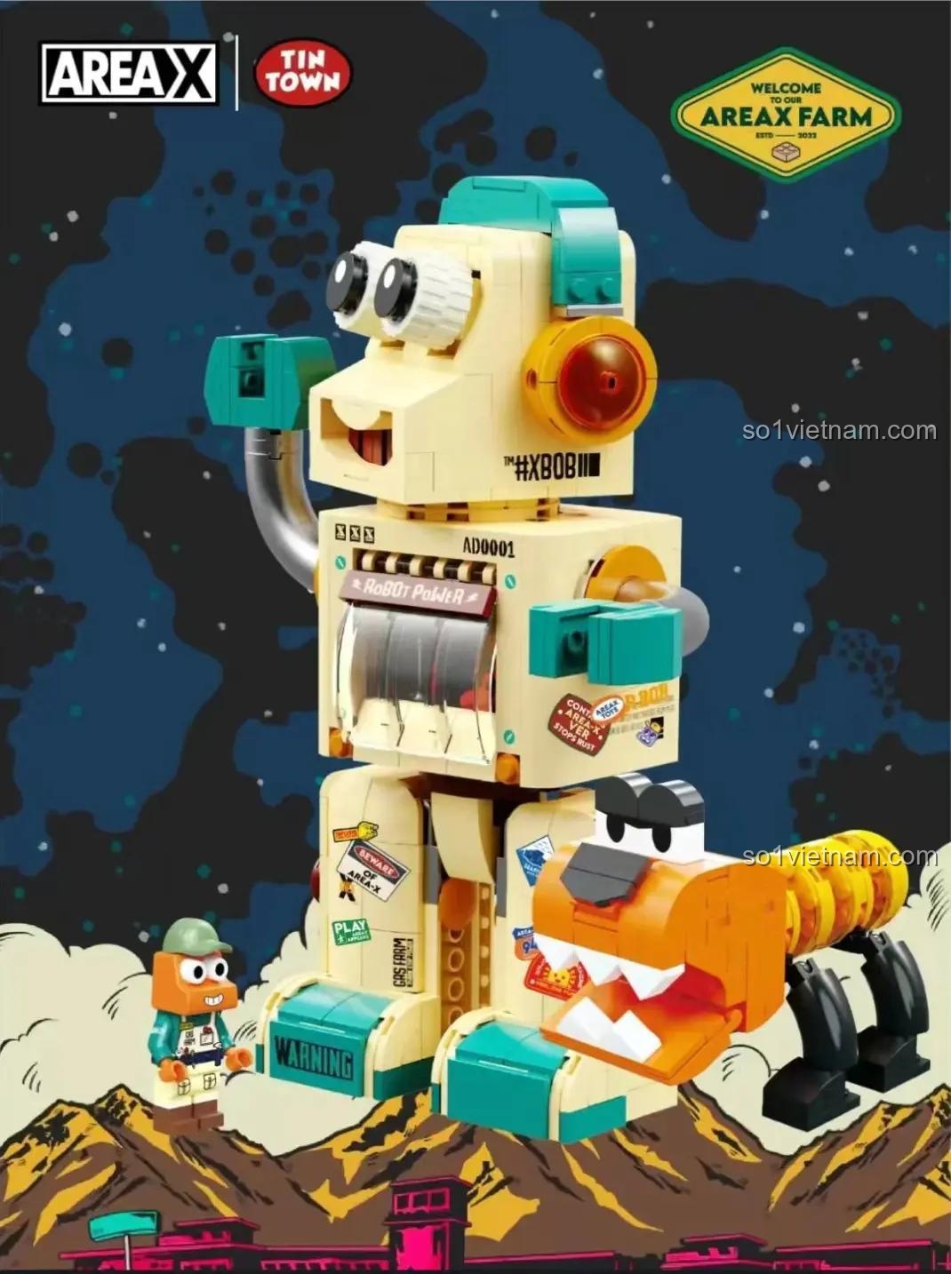 Bộ khối lắp ghép Robot Bob Siêu Cấp AD0001 và thú cưng màu cam trên nền không gian. Mô hình AREA-X với thiết kế độc đáo, sáng tạo.