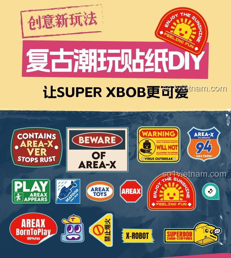 Bộ sticker DIY phong cách retro đi kèm Mô hình Robot XBob để người chơi tự do sáng tạo và trang trí.