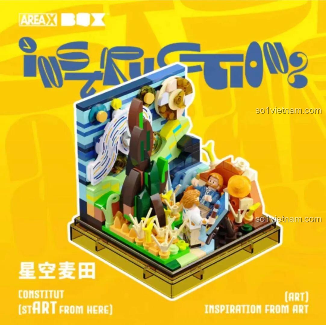 Hộp đựng bộ lắp ghép AREA-X AX0092 mô hình Cánh Đồng Sao, có hình ảnh minh họa sản phẩm hoàn thiện và thông tin "Inspiration From Art: Starry", "X砖区 AREA-X".