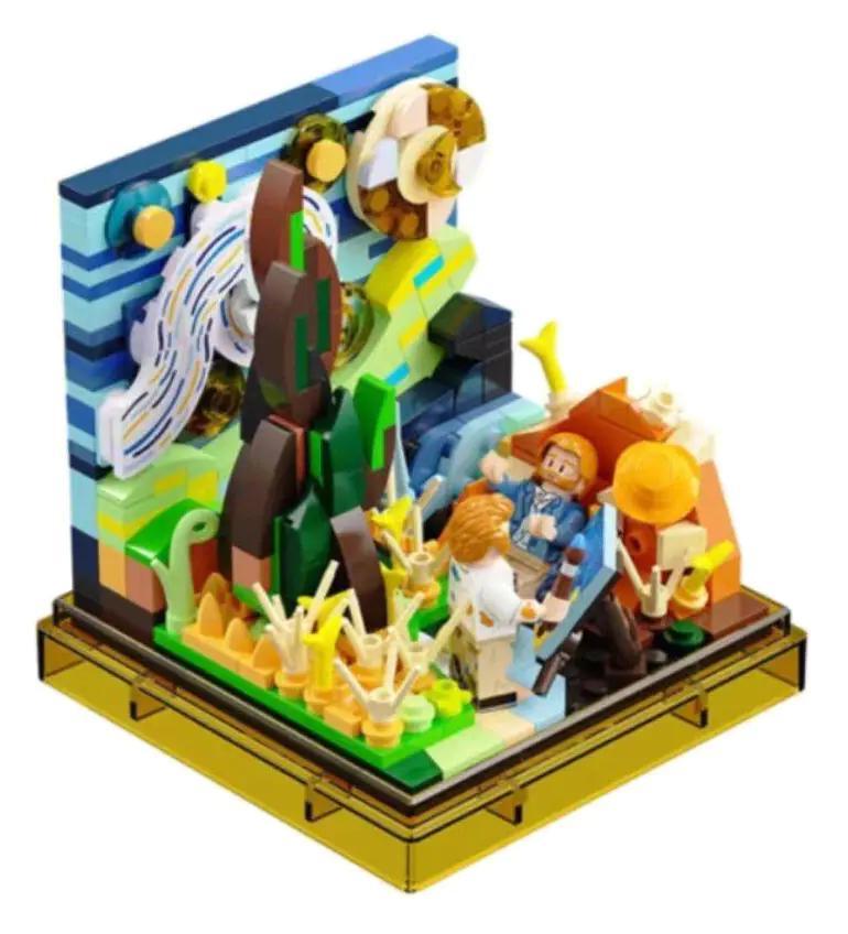 Mô hình bộ lắp ghép AREA-X AX0092 lấy cảm hứng từ "Đêm đầy sao" của Van Gogh, với 2 minifigure, màu sắc chủ đạo vàng, xanh dương, xanh lá, nâu, trắng, kích thước 10.8x10.8x12.1 cm, phù hợp cho cả bé trai và bé gái 14 tuổi.