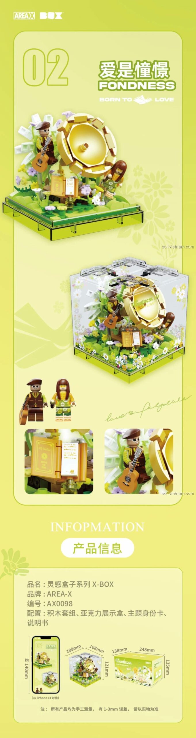 Thông tin sản phẩm bộ lắp ghép AREA-X AX0098 "Born To Love: Fondness", kích thước mô hình, kích thước hộp, chất liệu
