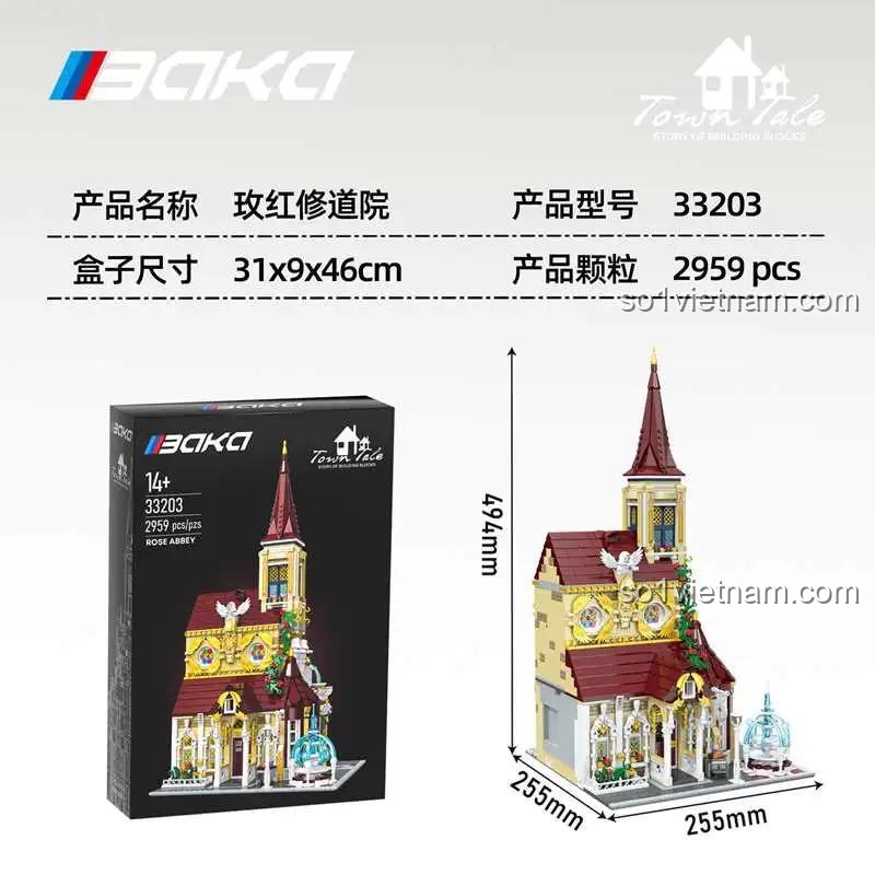 Hộp đồ chơi mô hình Nhà thờ Tu viện BAKA 203 với kích thước và số chi tiết 2960 mảnh, phù hợp thanh niên 14 tuổi.