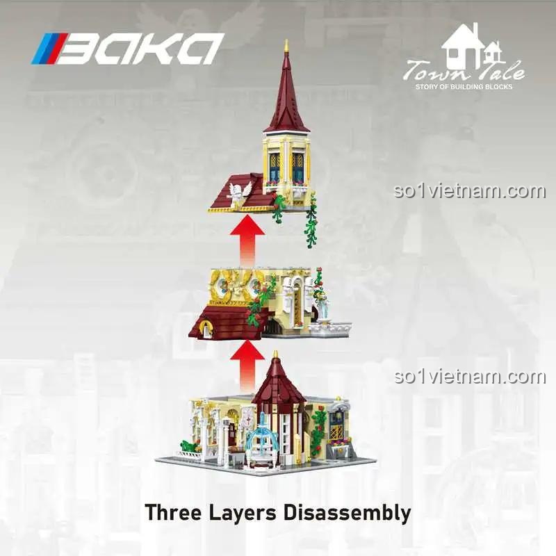 Đồ chơi xây dựng 33203 Tu viện Hoa Hồng BAKA có thiết kế 3 tầng tháo rời, tăng trải nghiệm lắp ráp cho thanh niên 14 tuổi.