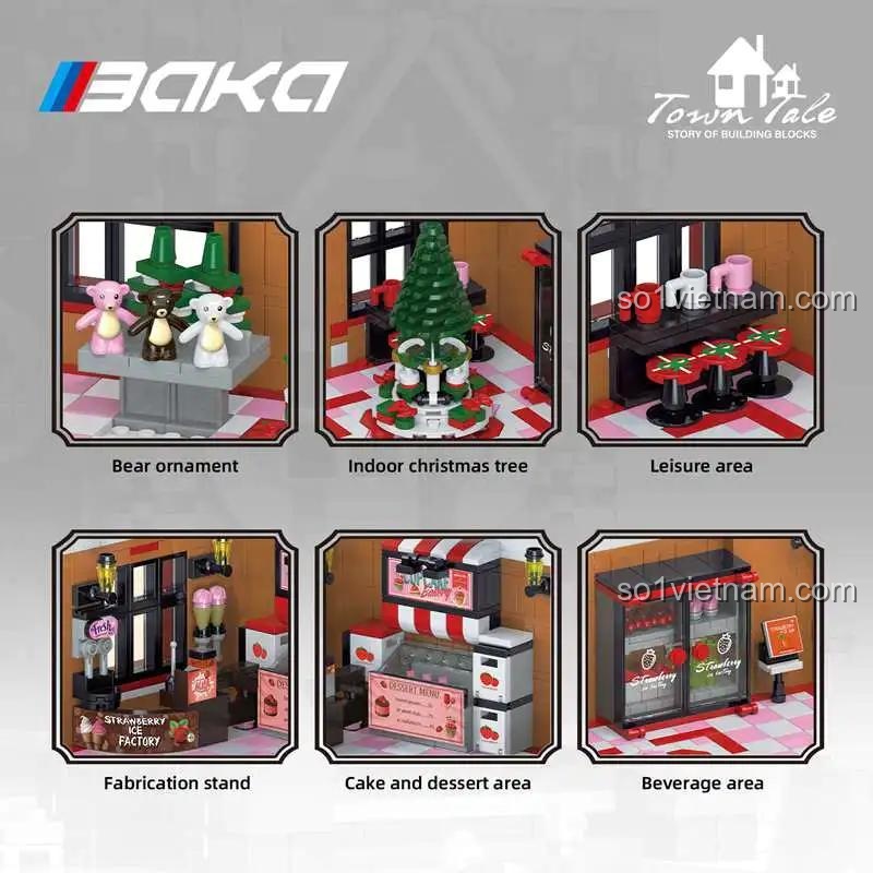 nội thất chi tiết bộ lắp ghép BAKA 33204, đồ chơi mô hình Cửa hàng Kem Dâu, cho bé gái 6 tuổi, giá bình dân