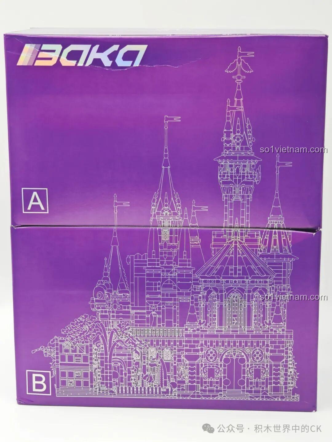 Hộp sản phẩm BAKA 33210 Lâu đài Ma thuật được chia thành hai phần A và B, giúp việc phân loại mảnh ghép dễ dàng hơn.