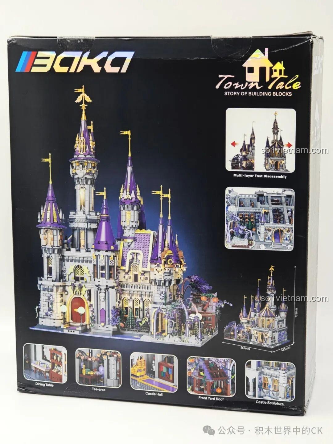Mặt sau hộp BAKA 33210 Lâu đài Ma thuật, giới thiệu các tính năng tháo lắp nhiều lớp và chi tiết nội thất bên trong.